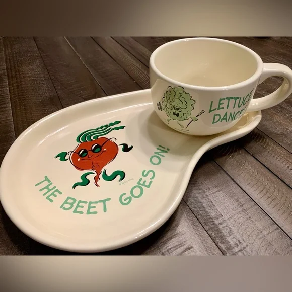 Funny plate & mug “BEET GOES ON” and “LETTUCE DANCE” stoneware lunch dinner set - Picture 7 of 9